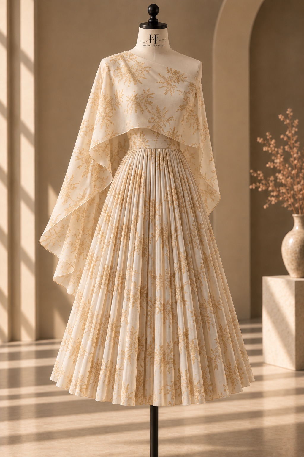 Rochie din material cu imprimeu floral și fustă cu plisare paralelă, pe manechin în atelierul Hight Textiles