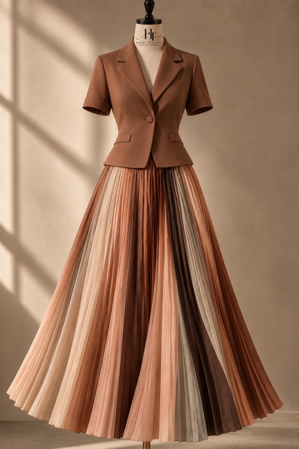 Rochie cu plisare Soleil pe manechin, în atelierul Hight Textiles
